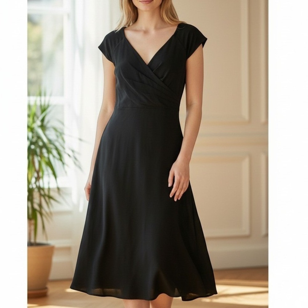 J.Crew Womens Black 100% Silk Cap Sleeve Surplice V-Neck Midi Dress 4 NEW LBD